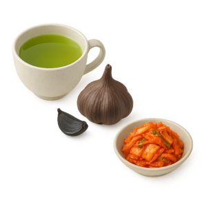 湯気の立つ緑茶のカップ、丸ごとの黒にんにくと断面を見せた1片、そして小皿に盛られたキムチが並ぶイラスト。いずれも血圧対策に効果がある発酵・抗酸化食品の代表例。