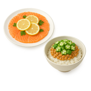 サーモンのカルパッチョと納豆オクラ丼が並ぶイラスト。血圧対策に効果的なオメガ3脂肪酸やマグネシウム、食物繊維を含む料理例。