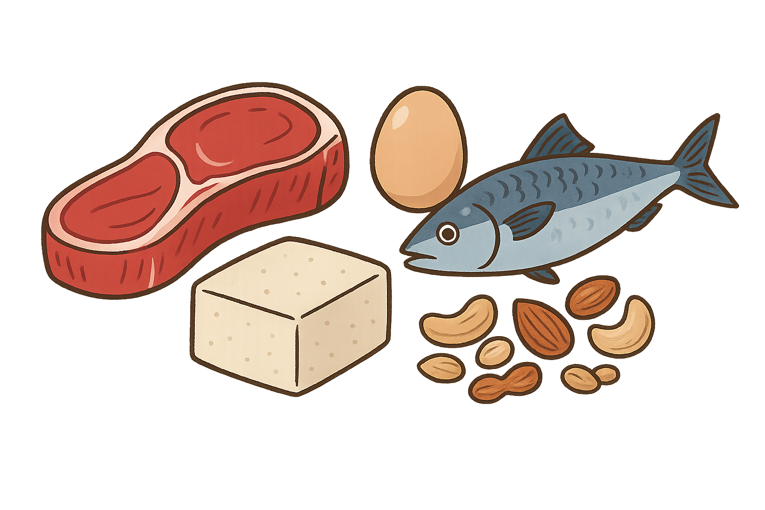 良質なタンパク質と脂質を含む食材のイラスト。赤身肉、卵、豆腐、青魚（サバ）、ナッツ類（アーモンド、カシューナッツ、くるみなど）が並び、健康的な食事や栄養バランスの改善、糖質制限、生活習慣病予防に役立つ食品群を視覚的に表現。