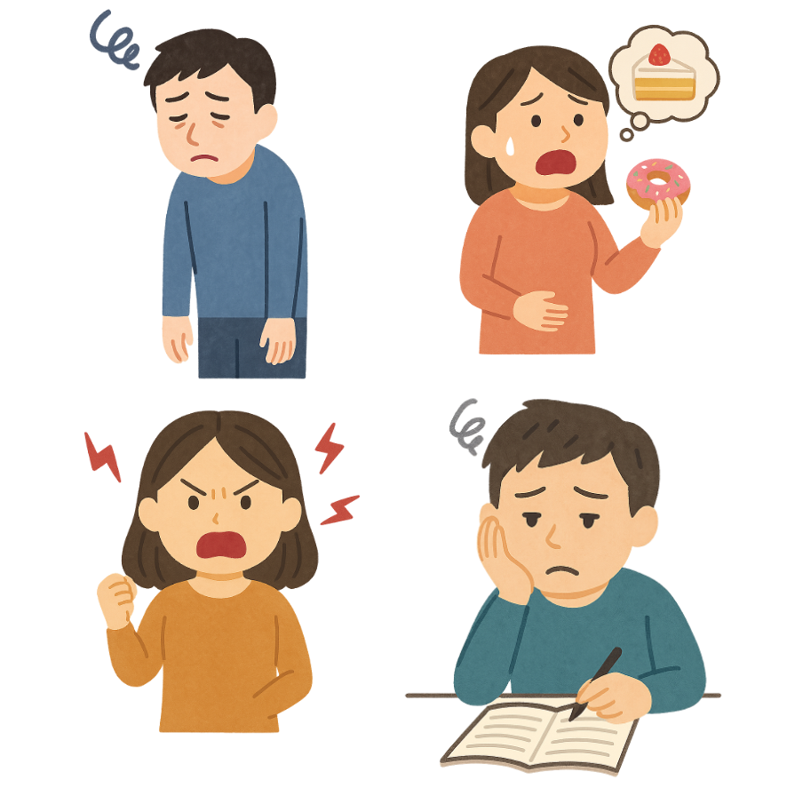 慢性的な疲労・甘いものへの依存・些細なことでイライラ・集中力低下といった現代人によくある不調を表すイラスト。男性と女性の表情や行動を通じて、生活習慣やストレス、不安定な血糖コントロールの問題を視覚的に表現。健康相談・栄養指導・メンタルケアの訴求に最適。