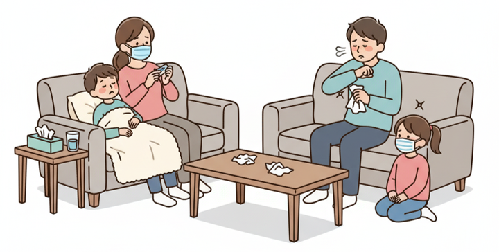 風邪やインフルエンザのような症状で家族全員がマスクを着けて過ごしている家庭のイラスト。母親と息子がソファで休み、父親が咳をし、娘が心配そうに座っている。