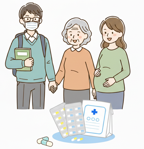 「受験生、妊婦の女性、高齢女性の3人が並んで立っているイラスト。手前には医療用の薬袋、錠剤シート、カプセルの薬が並べられている