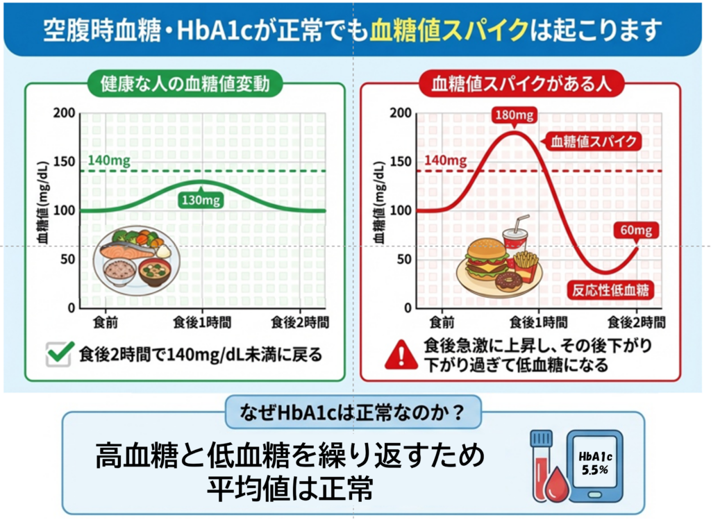 血糖値スパイクを説明する図。健康な人は血糖が食後ゆるやかに上昇し2時間後に140mg/dL未満へ戻る。スパイクがある人は食後180mg/dLまで急上昇し、その後60mg/dLまで低下する反応性低血糖を示す。