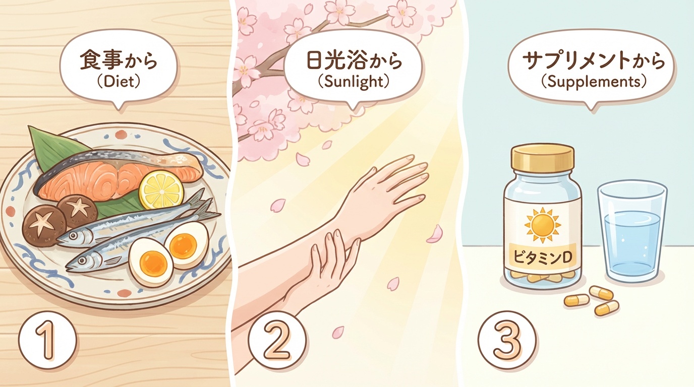 ビタミンDを補う3つの方法を示したイラスト。左から順に、①鮭・さんま・しいたけ・卵などビタミンD豊富な食材、②手のひらを太陽に向けて日光を浴びている様子、③サプリメントのボトルとカプセル・コップの水。