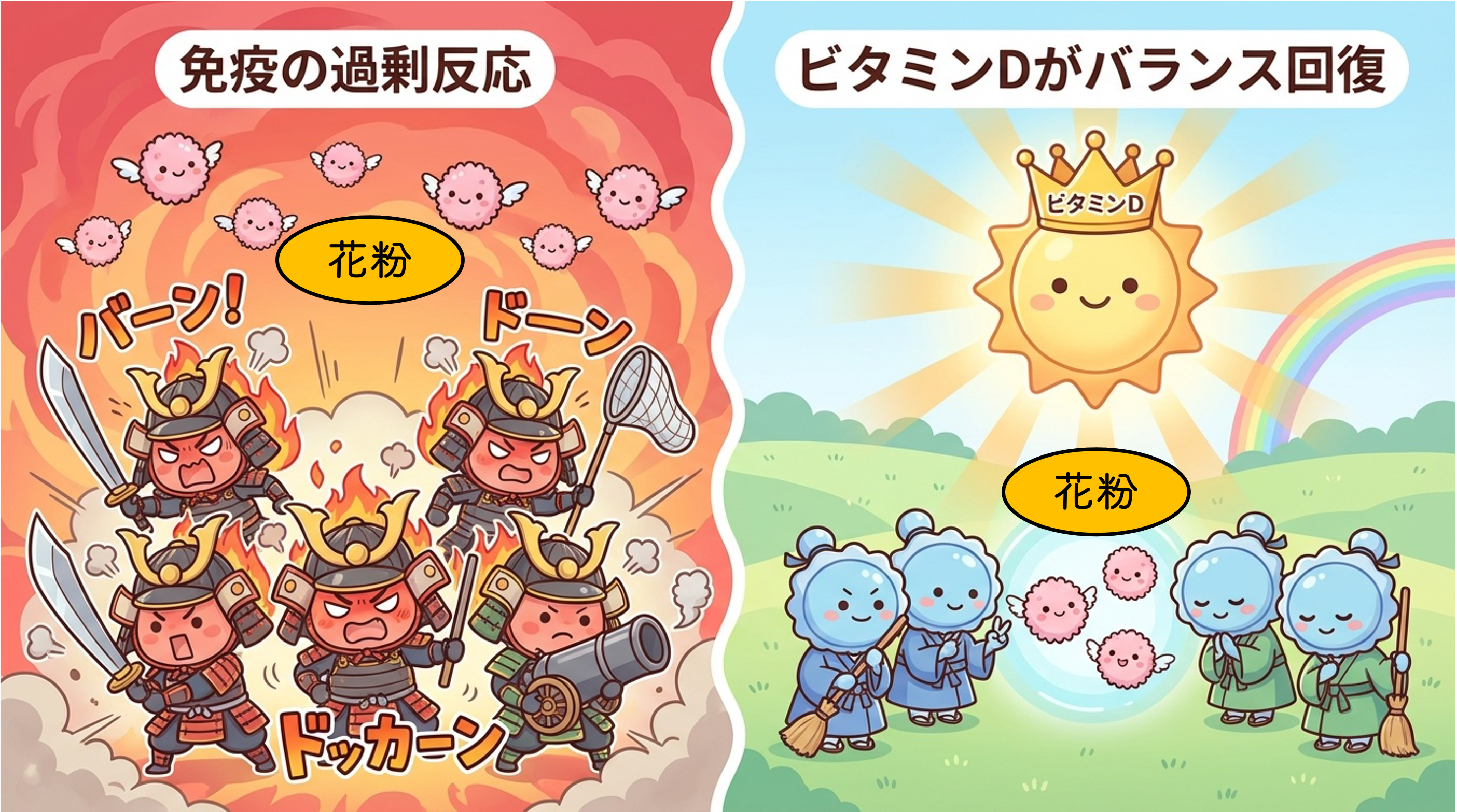 花粉症と免疫の暴走を示すイラスト。左側では小さな無害な花粉に対して免疫細胞が武器を持ち怒り狂って過剰反応している様子、右側ではビタミンDの光によって免疫細胞が穏やかに整えられた様子を左右で対比して表現。