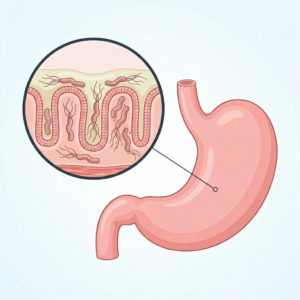 胃の粘膜に棲みつくヘリコバクター・ピロリ菌の拡大図イラスト