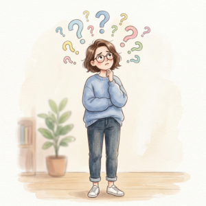 カジュアルな服装の大人が、頭の上に複数の「?」を浮かべながら悩んでいるイラスト