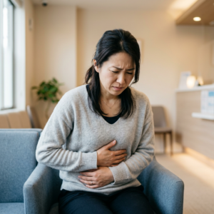 胃痛・胃もたれ・みぞおちの痛みでお腹を押さえる日本人女性