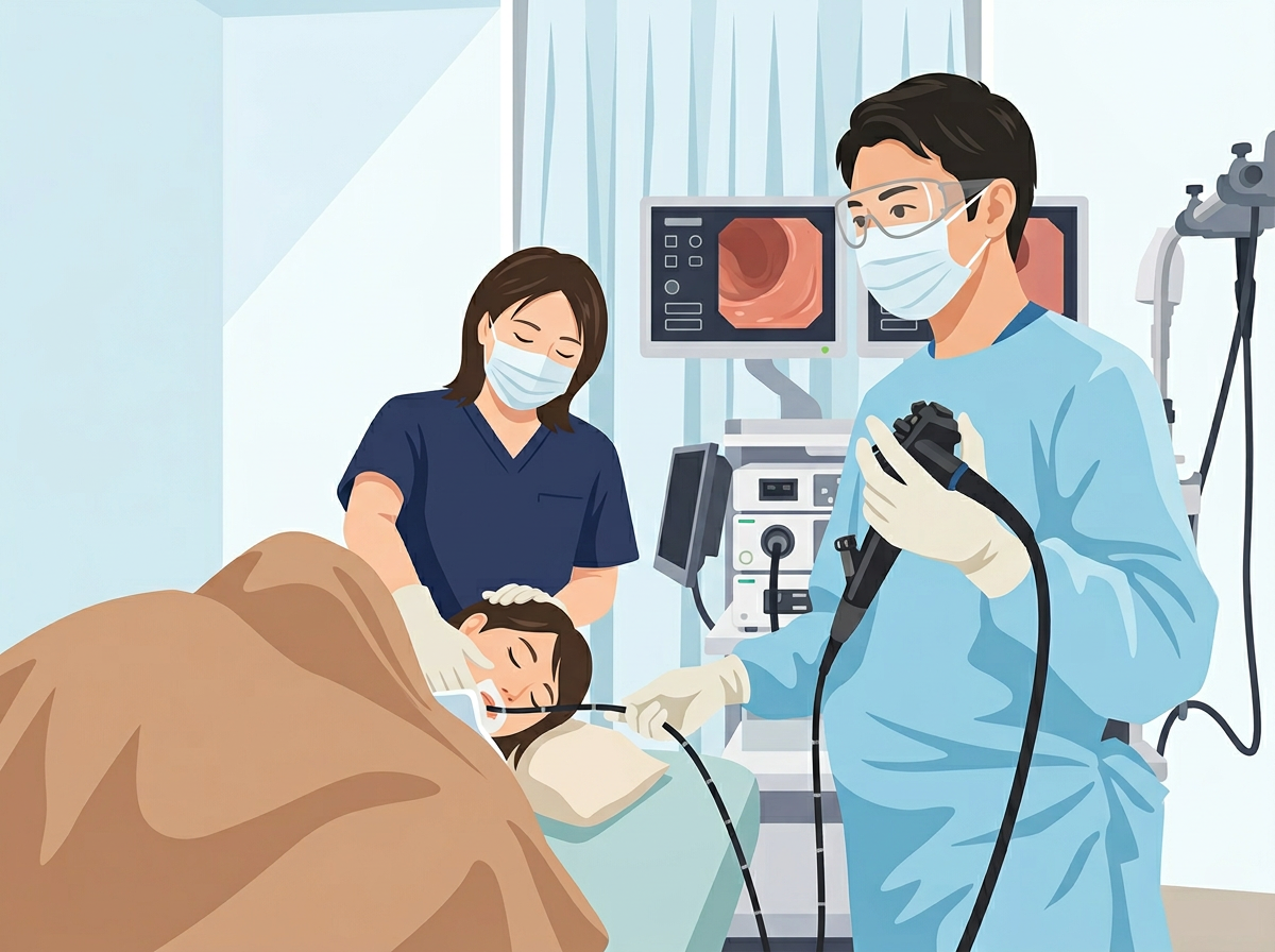 マウスピースを装着し眠りながら胃カメラ検査を受ける患者と、丁寧に対応する男性医師・看護師のイラスト