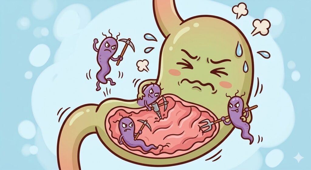 ピロリ菌に感染して胃炎や痛みなどの症状に苦しむ胃のキャラクターのイラスト