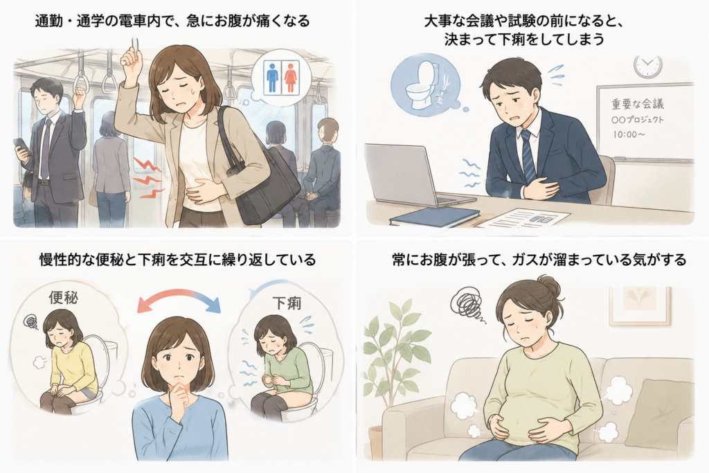 IBS（過敏性腸症候群）の代表的な症状を示したイラスト。 通勤電車内で突然の腹痛に困る女性、大事な会議前に腹痛と下痢不安を感じる男性、便秘と下痢を繰り返して悩む女性、慢性的なお腹の張りやガス溜まりに不快感を抱える女性を4分割で描写した医療系イラスト。
