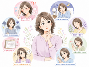 更年期にみられるホットフラッシュ、不眠、気分の落ち込み、肩こり、手指のこわばりなどの症状を表した女性のイラスト