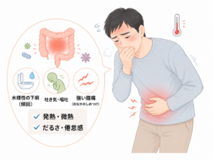 感染性腸炎で苦しむ男性のイラスト。 症状は下痢、吐き気・嘔吐、強い腹痛、発熱、倦怠感