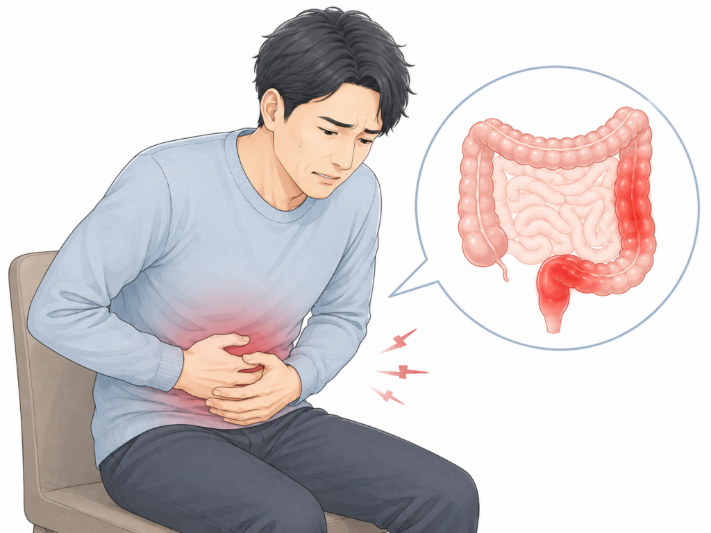 炎症性腸疾患(IBD)で腹痛に苦しむ男性のイラスト