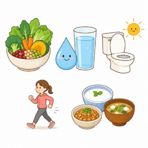 便秘のセルフケアを表す5つのアイコン。食物繊維、水分、朝のトイレ習慣、軽い運動、発酵食品を、親しみやすいフラットイラストで白背景に配置した図。