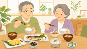 高齢の男女が食卓を囲み、焼き魚・卵焼き・豆腐・納豆などのタンパク質豊富な和食を楽しんでいる様子。