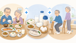 高齢者の低栄養・フレイル予防として、魚・卵・豆腐・納豆・乳製品などの高タンパク食品を摂る食事と、椅子につかまって行うスクワットやかかと上げなどの軽い筋力運動を組み合わせる様子を示したイラスト。